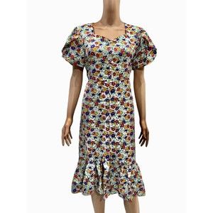 NWT Vintage Retro Style Cream Colorful Flower Midi Dress Tie Back Fits Size SML